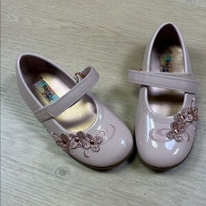 Rachel Shoes Pink Mary Jane Style Flats with Glittery Sparkle Floral Accents